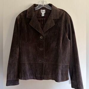 Chico's Chocolate Brown Jacket L Trim Waist Suede Tailored Versatile